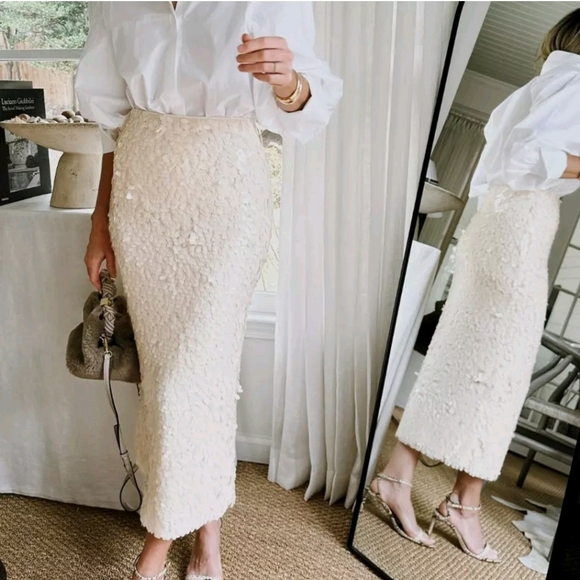 No Offers New S M L H&M Sequined High-waisted Midi Skirt Cream White - Picture 1 of 7